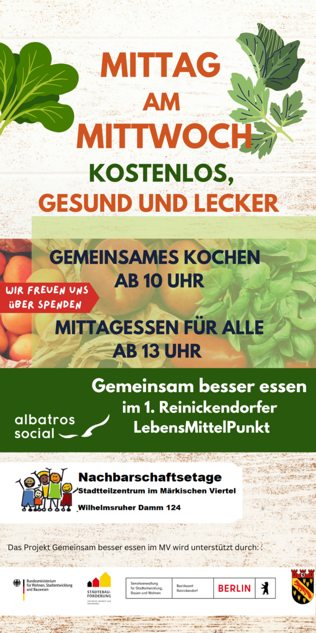 Flyer von "Mittag am Mittwoch" kostenloses Mittagessen im Projekt gemeinsam besser Essen im Märkischen Viertel